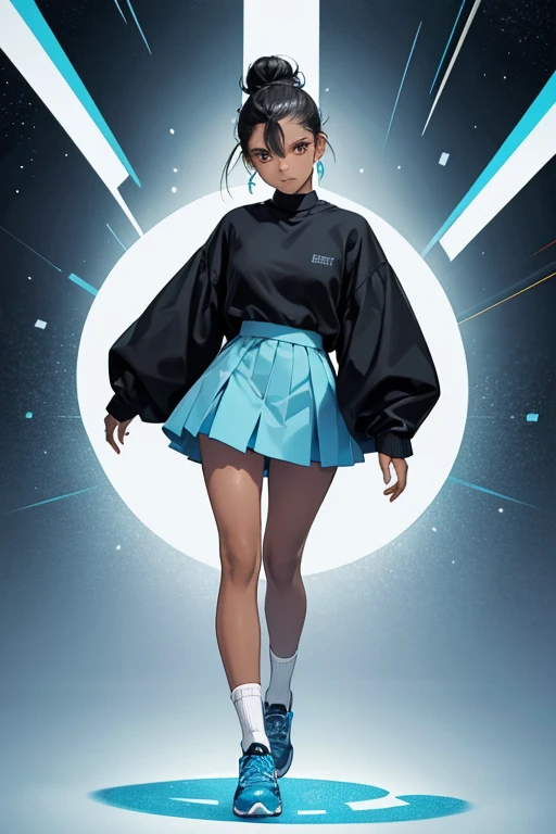 She has black hair tied into a bun and black skin. She wears a cyan sweater over her short-sleeved white shirt, a greyish-blue skirt with same-colored shoes and short white socks. SPARKLE; GLITTER