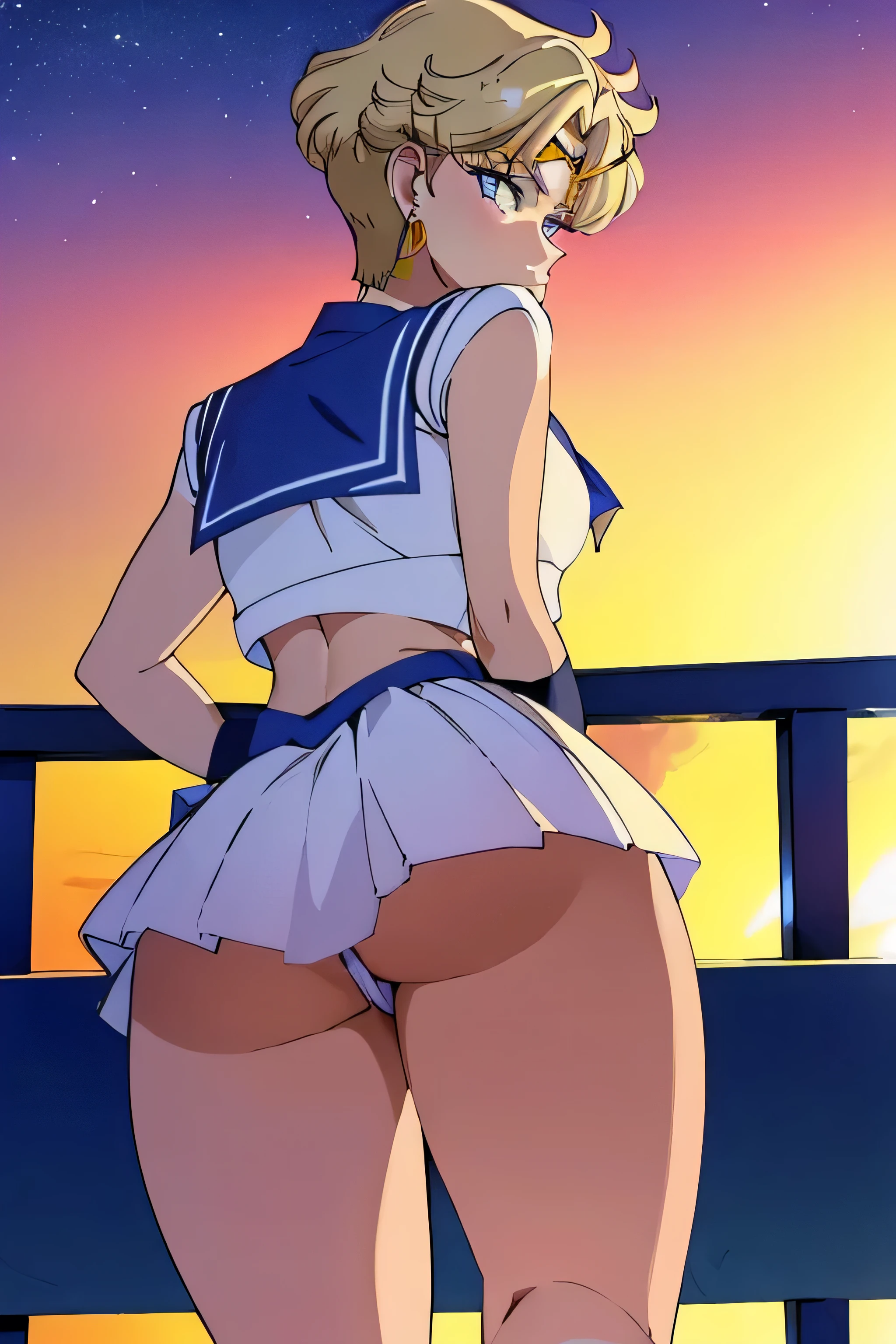 (best quality:1.1), (masterpiece:1.4), (absurdres:1.0), portrait, close-up,1girl, sailor uranus, KizukiAi, mature woman, small breasts, aqua eyes, blonde hair, sailor senshi uniform, sailor collar, chest bow, back bow, plead skirt, white elbow gloves, big booty, ultra mini skirt , jewelry, earrings, backed up on a balcony, on her back, showing her butt, nice buttocks, detailed eyes, (CROUCHED)
