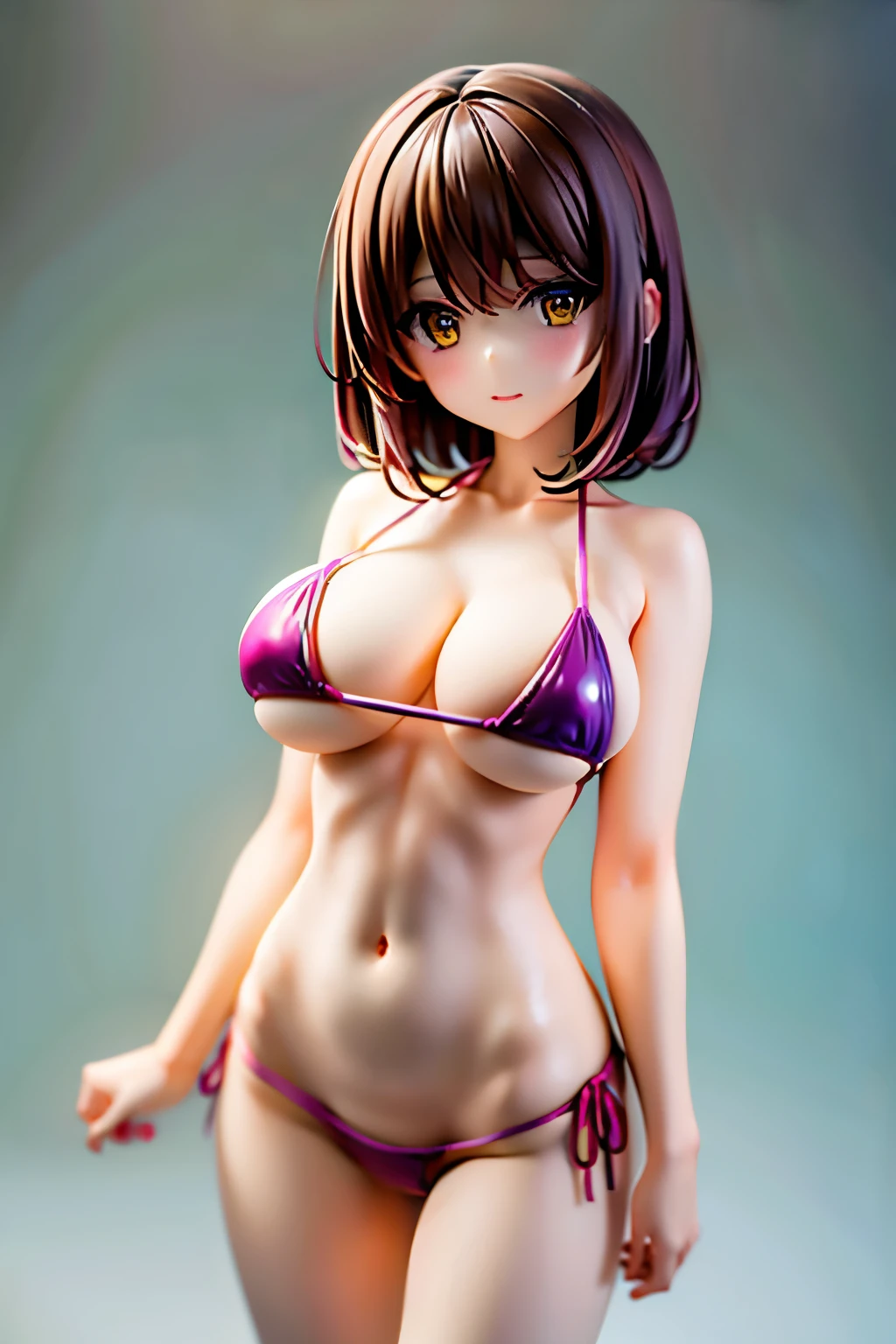 shiina kokomi,brown hair,yellow eyes,medium hair,big breasts,Bust 85 cm,Wedgie in the crotch,micro string bikini,open leg pose