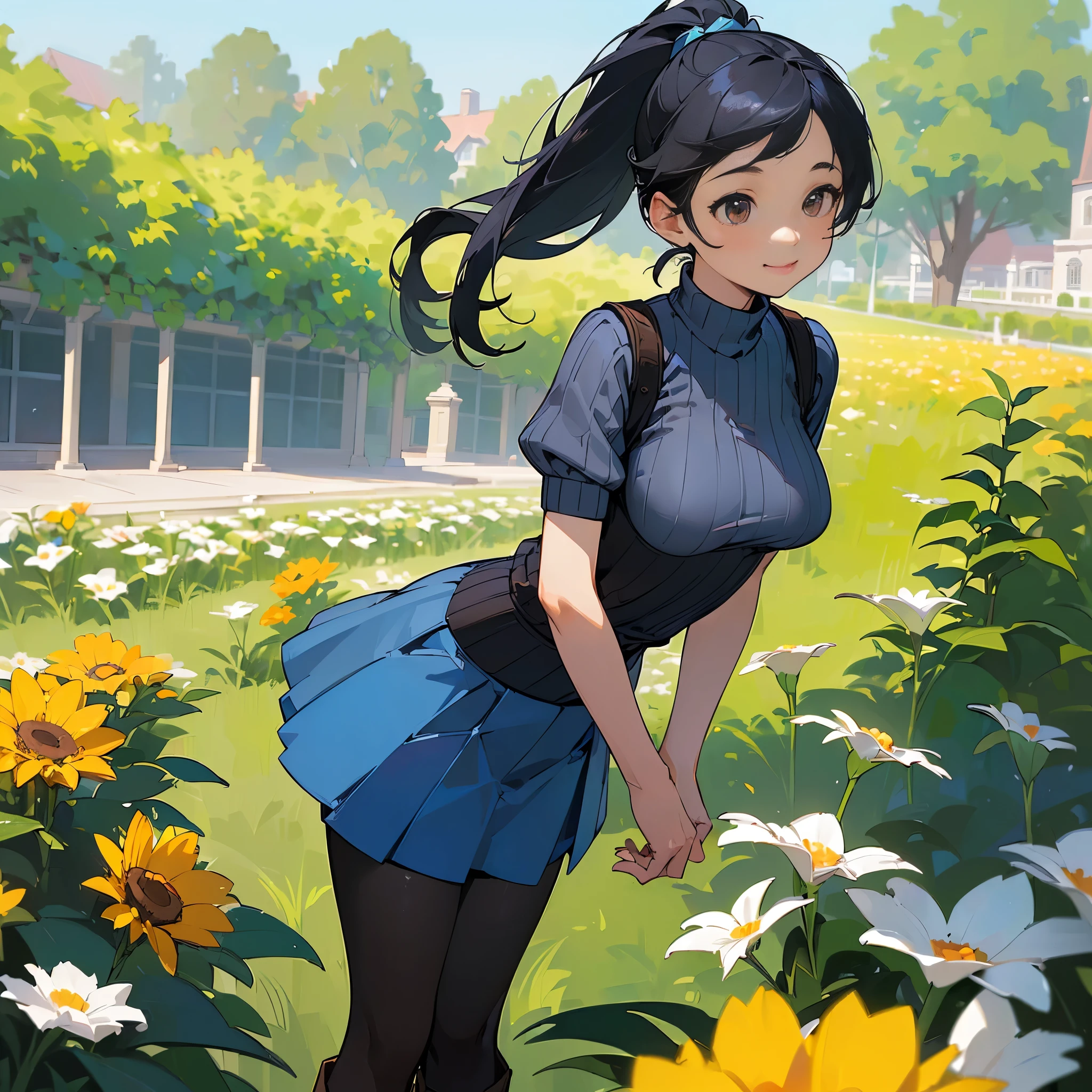 (high quality, High resolution, Super detailed, reality:1.37), peaceful atmosphere, (outdoor, garden), teenage girl standing alone, (my breasts are big.), Beautiful detail features, cute smile, (black hair ponytail), Short sleeve ribbed sweater, blue skirt, black tights, brown boots.