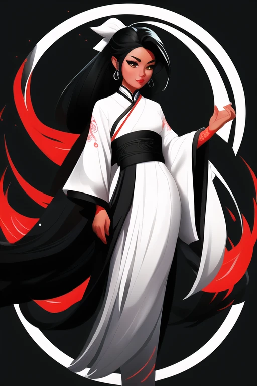 wuxia,vector art,1ebony woman with tattoos,black hair,white clothes,super colorful,luminous colorization,sharp, cinematic,dof,35mm,pintura luminosa