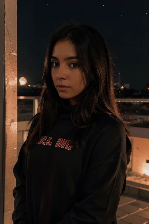Chica de buso negro y rojo mirando una noche rojiza con luna roja