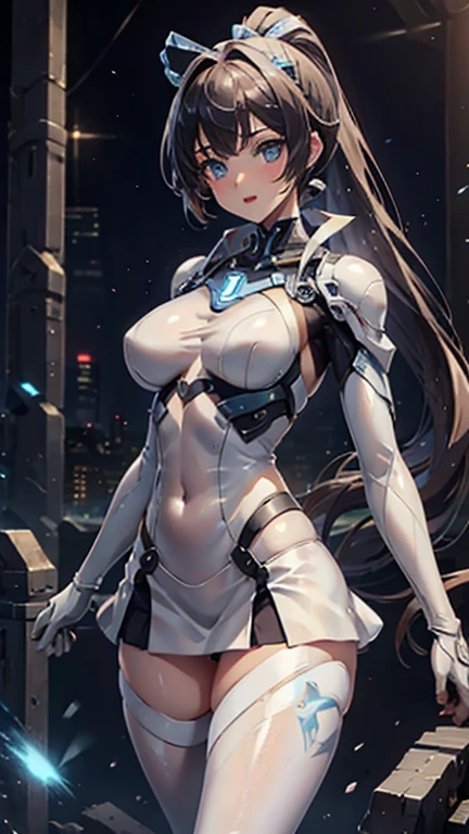 Super detailed, explicit, beautiful body, beautiful nose, beautiful character design, perfect eyes, perfect face, ultra high resolution, 4k, beautiful feet, perfect legs, nice hands, perfect hands, masterpiece, highest quality, very detailed, woman,,,city,night,(((white and blue tight miniskirt bodysuit))),,open mouth smile((See-through)),((beautiful long ponytail)),((baby girl body shape)), ((combat readiness)),