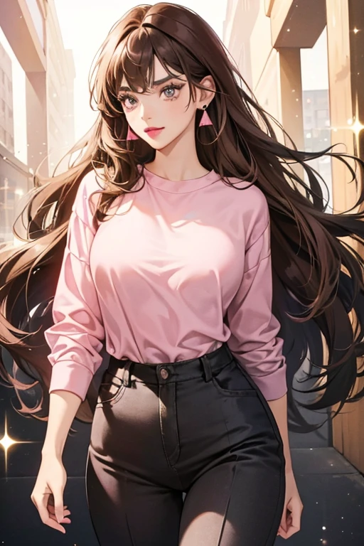 She has long brown hair, her eyes are large and black. She wears two earrings on each ear. Apparently, she wears a pink lipstick. In addition, she wears a short pink shirt and gray pants. SPARKLE; GLITTER