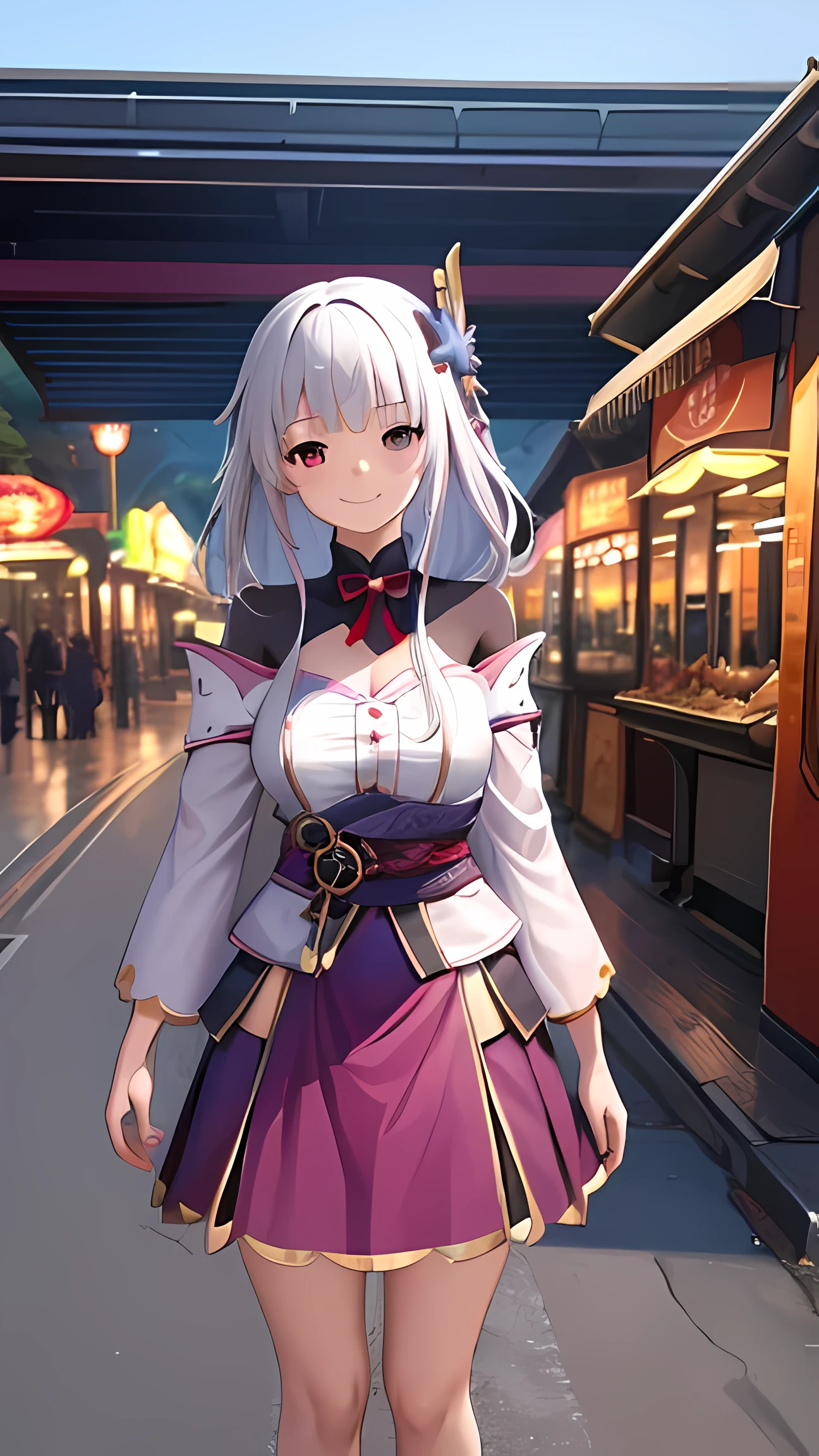 works, (best quality), (high resolution), 3D, 1 girl, [Raiden Shogun], ((Loli)), (Eight years old), white hair, long hair, Bangs, Red eyes, (medium breasts), Smile , Amusement Park, 