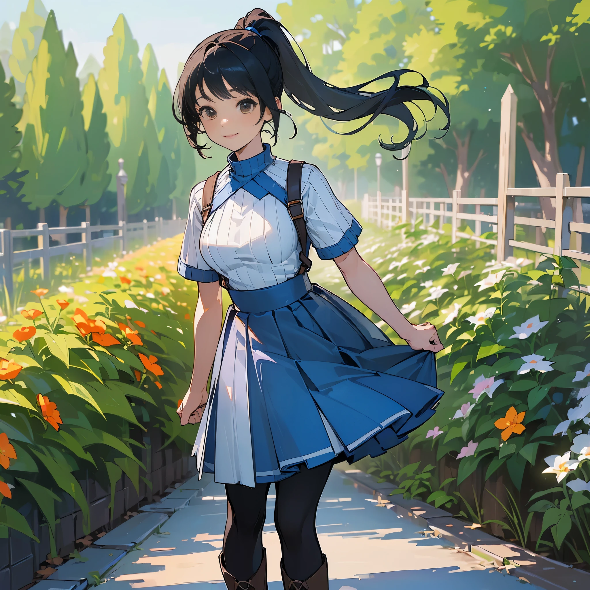 (high quality, High resolution, Super detailed, reality:1.37), peaceful atmosphere, (outdoor, garden), teenage girl standing alone, (my breasts are big.), Beautiful detail features, cute smile, (black hair ponytail), Short sleeve ribbed sweater, blue skirt, black tights, brown boots.