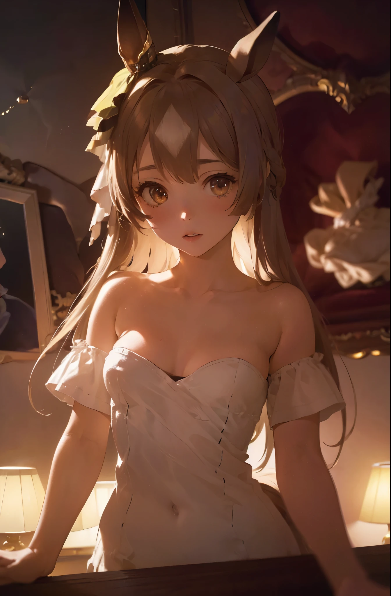 satono diamond,umamusume、I can see the whole body,Not wearing a hat、not wearing clothes,naked tits,((small bust)),nipple,look down,luxury hotel room,((highest quality、4k、8k、high resolution、masterpiece:1.2)、Super detailed、(photorealistic:1.37)、Portrait、sharp focus、feminine、delicate、white skin、subtle curves、gentle expression、soft lighting、Bright colors、artistic atmosphere