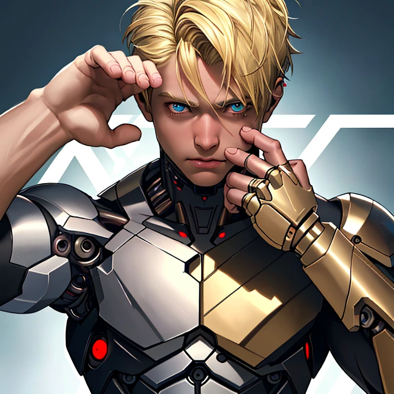 (masterpiece, top quality, best quality,4k,8k,HD,ultra HD), 1man with cyborg hand and blonde hair,upper body,
