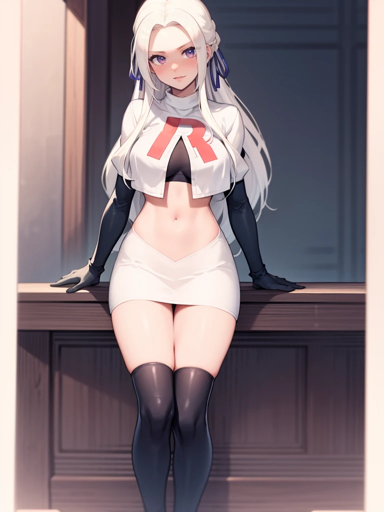 edelgard_academy, hair ribbon, long hair, white hair, purple eyes, glossy lips ,team rocket uniform, red letter R, white skirt,white crop top,black thigh-high boots, black elbow gloves, evil smile, looking at viewer, high-heeled boots