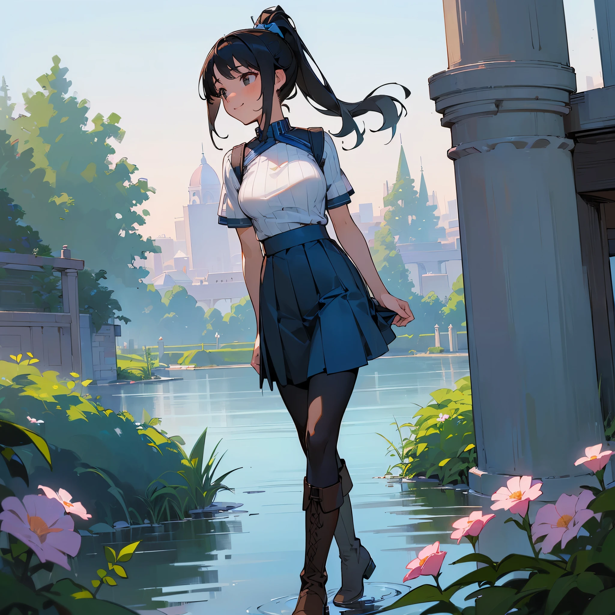 (high quality, High resolution, Super detailed, reality:1.37), peaceful atmosphere, (outdoor, garden), teenage girl standing alone, (my breasts are big.), Beautiful detail features, cute smile, (black hair ponytail), Short sleeve ribbed sweater, blue skirt, black tights, brown boots.