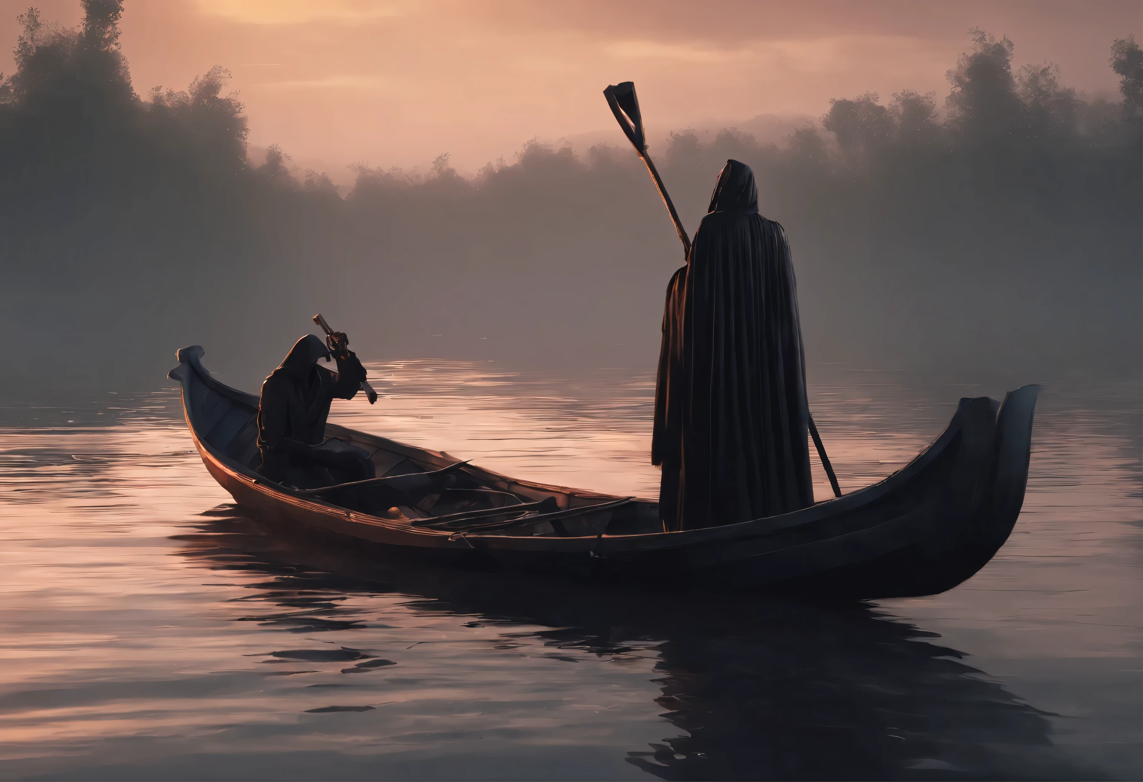 Craft a hyper-realistic Grim reaper is standing rowing a small wooden boat with a person who is sitting on the same boat in void with red water. Render every fold and texture of the fabric with meticulous detail,reflecting the surrounding environment with stunning clarity. Incorporate subtle imperfections and weathering to add depth and authenticity to the scene, Zbrush. hyper realistic oil. exaggerated perspective, contour shadow, realistic 8k