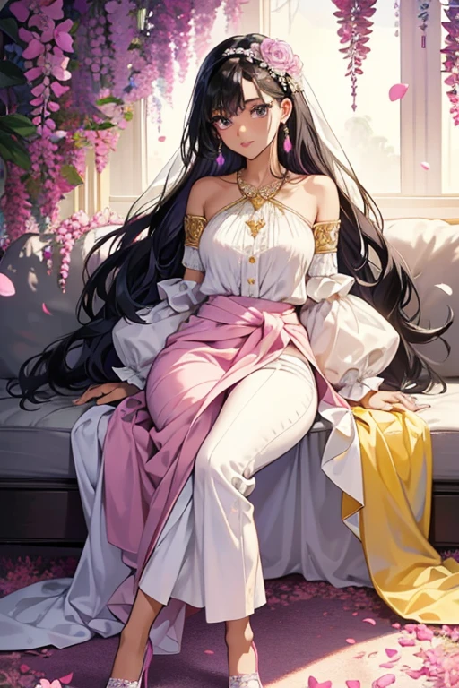 She has dark skin, long black hair that goes below her shoulders, black eyes with visible eyelashes. She is mostly shown wearing a wedding dress, which has a pink band around her hips, a matching flower on the front of her waist and white heels. However, she is seen wearing a dark and light green shirt respectively, a yellow shirt with stripes, blue jeans, a pair of purplish-pink pants, white shoes, gold necklace, a purple hair clip and owns a purse (all of these clothes appear in photographs). Plus, she is seen with round white earrings. SPARKLE; GLITTER