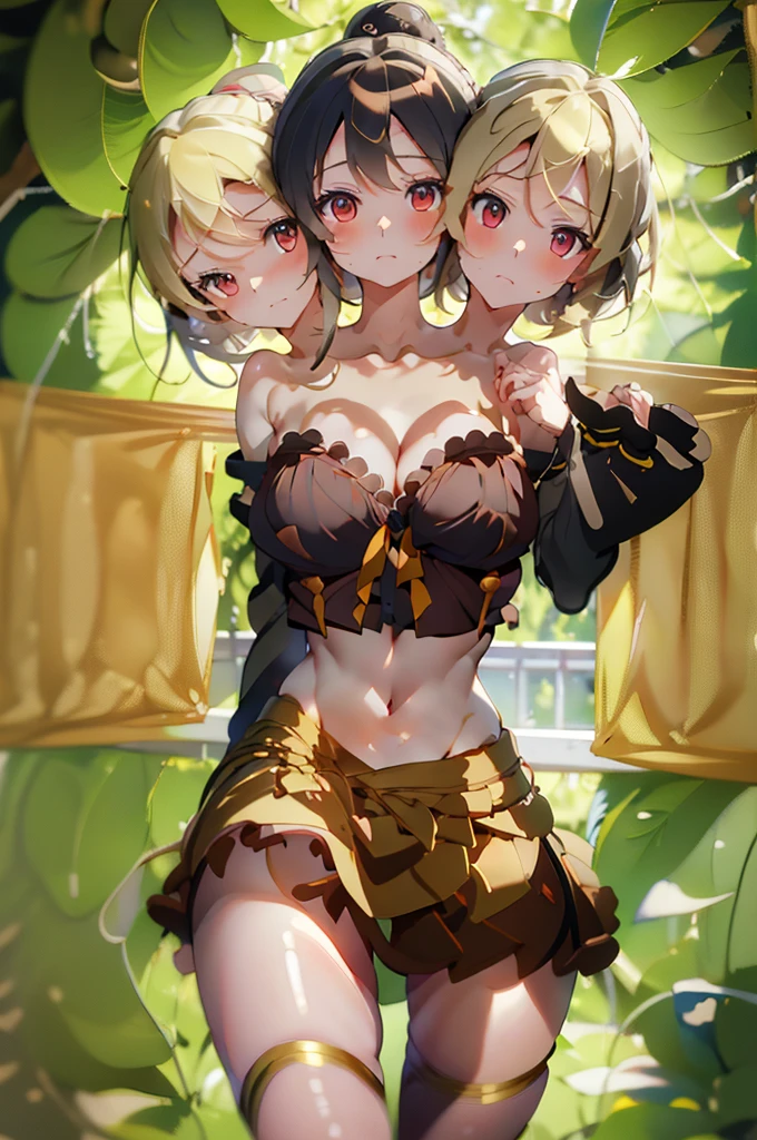 (masterpiece, best quality), best quality, (ultra-detailed), (3heads:1.5), 1girl, (yamame kurodani:1.3), masterpiece, best quality, ultra quality, ultra resolution, black and brown top, crop top, ((stomach)), midriff, ((groin)), brownish-black skirt, normal ears, shackles, blonde hair, very long hair, wavy hair, tied to a bun, brown eyes, very detailed eyes, parted lips, blonde, sweat, cute, toned belly, hand on own chest, eyelashes, (24 year old woman:1.3), (masterpiece:1.5), (best quality:1.5), (beautiful detailed), extremely detailed CG, extremely delicate and beautiful, depth of field, (finely detailed face), (perfect details:1.3), (mature female:1.3), wide pelvis, slender, large veiny breast, 16k resolution, highres, high quality, high definition, extremely detailed, masterpiece, blonde hair, long hair, alluring presence, braid, short skirt, close up, big tits, young,