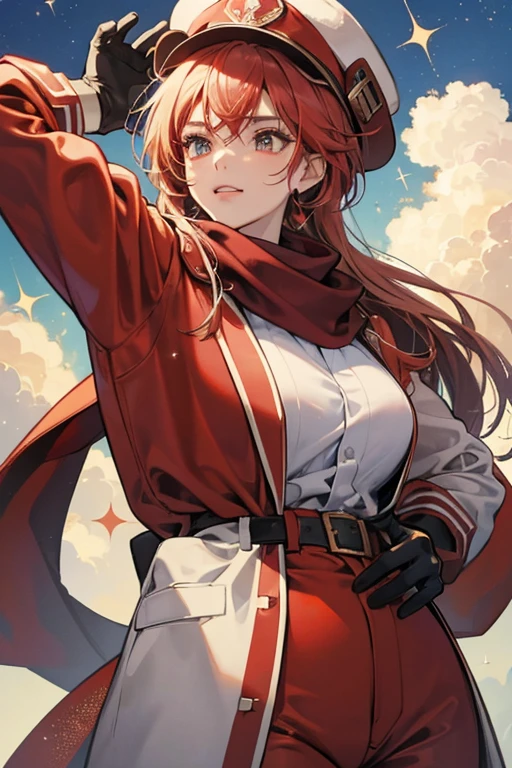 Scarlet is a cloud-humanoid with a yellowish-white cloud and hair. She wears a brown aviator hat, a red scarf, and a blue jumpsuit with a black belt and steel blue gloves. SPARKLE; GLITTER