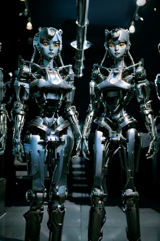 A robot mother and her two age robot daughters, All of them have pretty, cute human faces., A robot mother and her two teenrobot daughters, Everyone has a pretty face and remains a cute human being., All 2WD girls, Bright colors, High resolution, realistic depiction, ビクトリア朝Mr.式, Looking forward, Bonds of love, Mr.々Frame with a simple shape, enchanting smile, beauty of nature, professional lighting, modern style, artistic composition, Victorian beauty, professional lighting, modern style, artistic composition, full body shot, Standing and posing