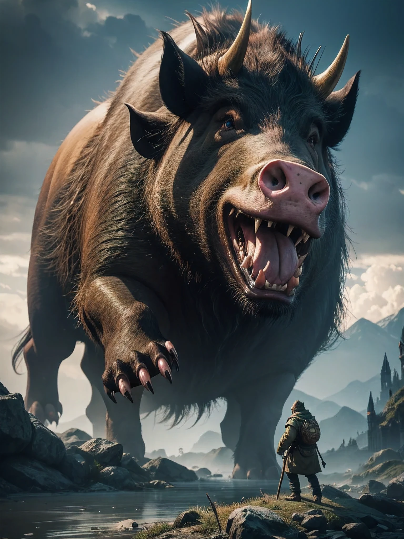 there is a very large boar with a big nose and big teeth, hyper realistic fantasy monster, realistic creature concept, giant pig, by Artur Tarnowski, surreal hybrid animals, wojtek fus, prehistoric hell pigs, creature concept art, by Adam Marczyński, anthropomorphic creature, by Tadeusz Pruszkówski,Photorealism,monster