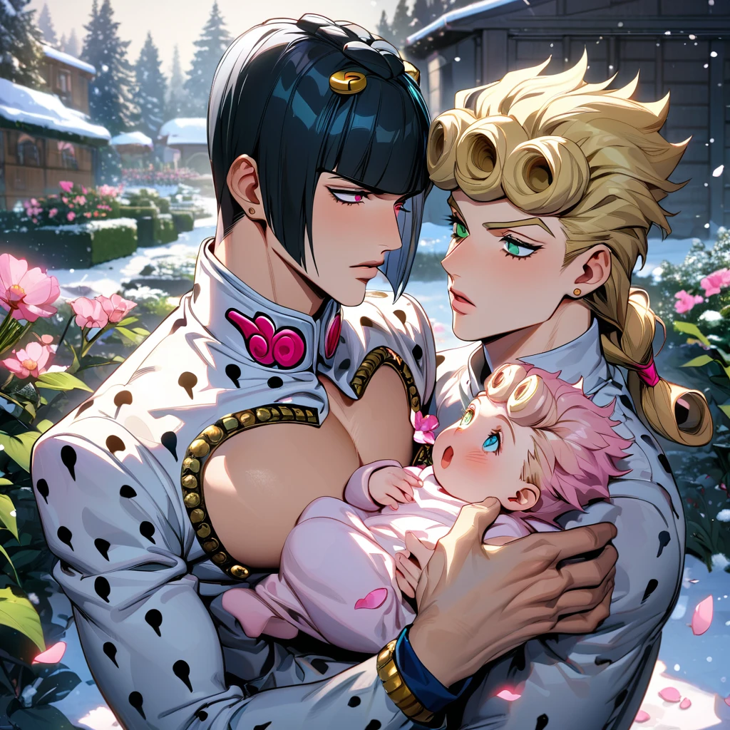absurdres, highres, ultra detailed, HDR, masterpiece, Giorno Giovanna, blond hair, expressive green eyes, jojo bizarre adventure, Bruno Bucciarati, black hair, expressive blue eyes, 2men together, holding a baby, gay couple, handsome, garden, snow, pink petals, pink flowers, pink butterflies