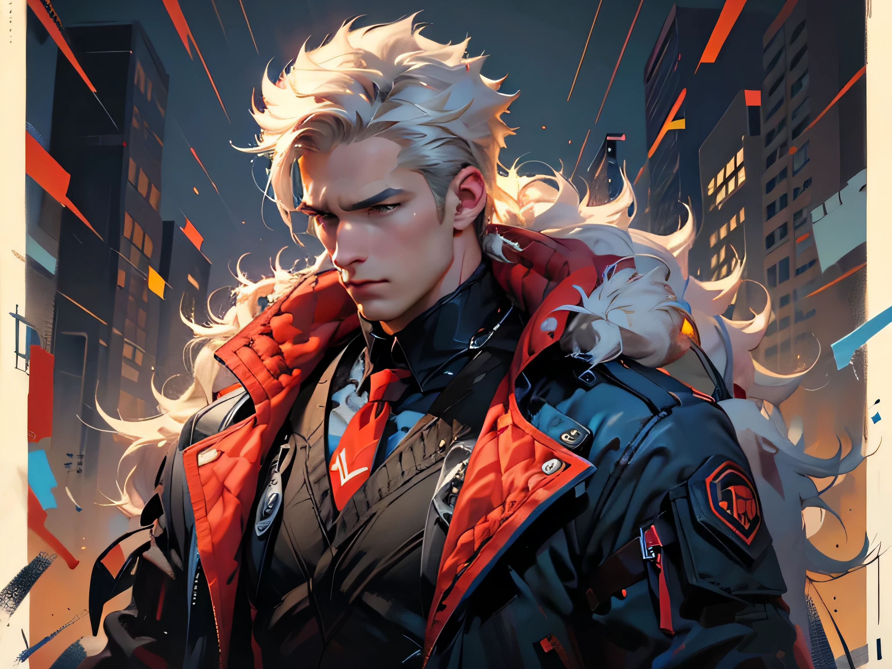 male, white hair combed back, blue eyes, blue jacket, black shirt, red tie