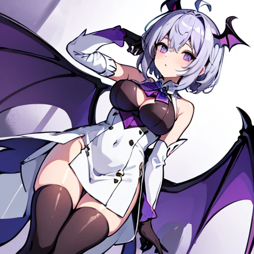 Only master piece,full 4k Hd defiition,only anime girl,succubus girl,bats wings in head accesorie,batwing in head,purple bat wings,white hair,short hair, knight white dress,sexy dress,short dress,large breast,beatiful be