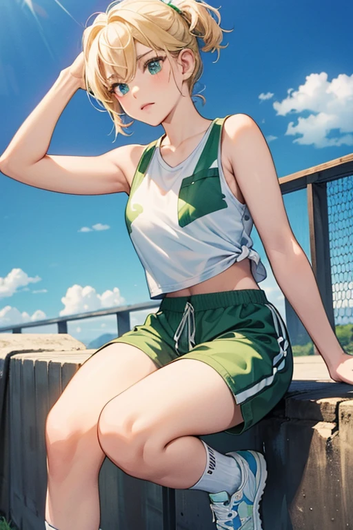 Tank has short blond hair with a curl hanging from the middle.
Her wardrobe consists of a sleeveless, white tank top tucked into green, camouflage-pattern shorts. She wears sneakers, with pulled down gym socks. SPARKLE; GLITTER