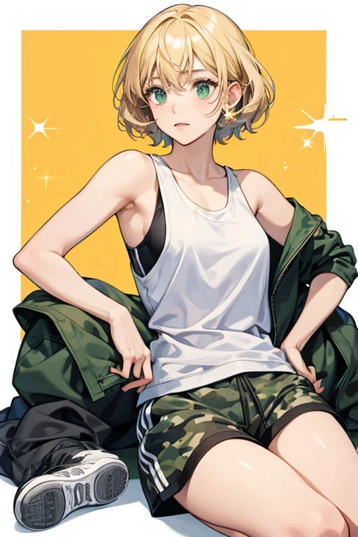 Tank has short blond hair with a curl hanging from the middle.
Her wardrobe consists of a sleeveless, white tank top tucked into green, camouflage-pattern shorts. She wears sneakers, with pulled down gym socks. SPARKLE; GLITTER