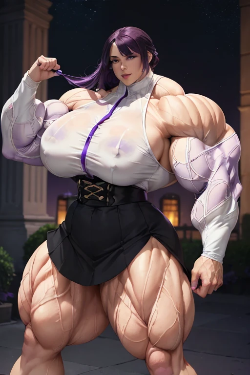 (((((Massive beautiful, buff, bulky, pale white skinned muscular woman with violet purple hair, ginormous bulky muscles and wearing a violet purple unbuttoned long sleeve blouse and a black skirt))))), close view, ((sunglasses)), vascular, massive muscle, massive biceps, hyper muscle shoulders, vascular shoulders, hyper muscle triceps, (long hair with long bang), black eyes, (high heels), smirk, in a night city at evening, Vascular arms, hyper vascular arm, hyper muscles arms, hyper muscle legassive buff arms))