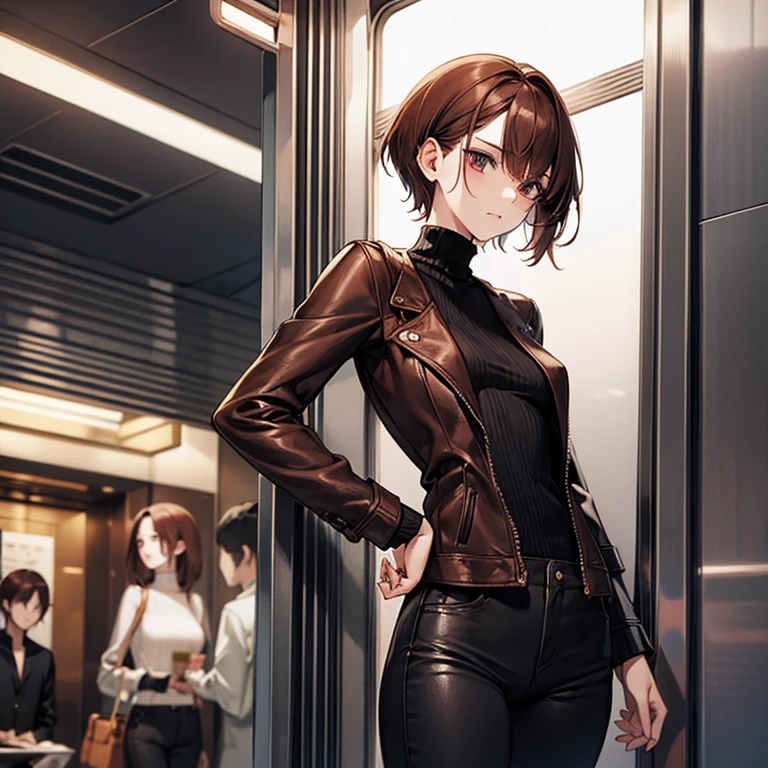 masterpiece、delicate details、adult woman、Sophisticated、On a city train、Slender beauty、body like a model、Knitwear with a high neck、leather jacket、riders jacket、Low rise skinny pants、tall、I like the style、small breasts、Sharp Eyes、cool beauty、older sister、pixie cut、The hair ends are trimmed、short nape、Thick-soled boots、Reddish brown hair、