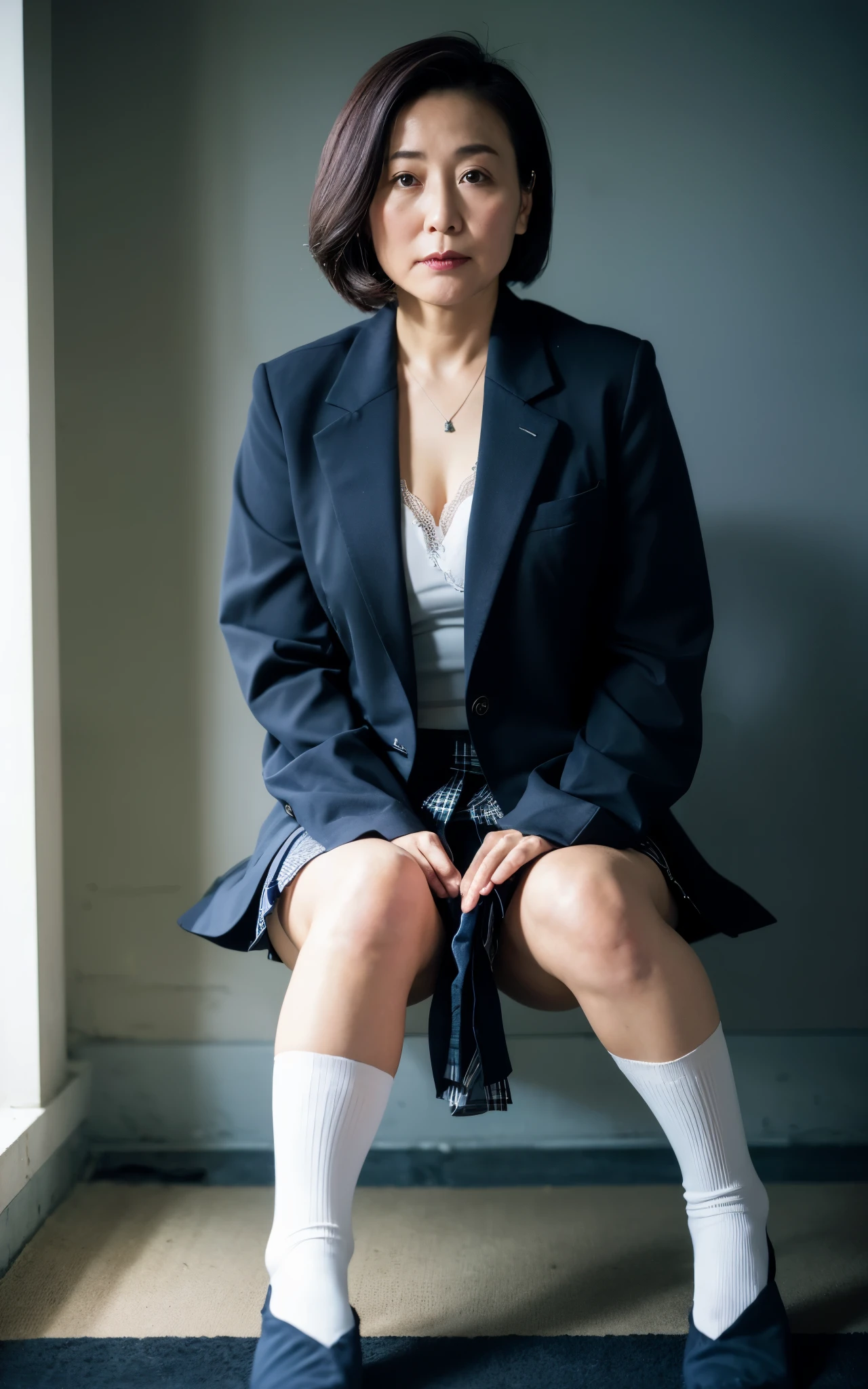 ((Best Quality, 8k, Masterpiece: 1.3)), Photorealistic, Sharp Focus, High Quality, High Definition, Portrait, Solo, Japan, Middle Aged Woman, Beauty, Clothes with Cleavage View, 43 years old, Plump, Wavy Hair, ((wearing, (Formal jacket dark blue), White shirt, Short tie, Short pleated skirt is plaid, Socks are dark navy, Theme color is dark navy)),  Wrinkles at the corners of the eyes, (Show panties:1.5)), Open legs, Narrow backyard, Lots of boxes, Lots of files, Dark background