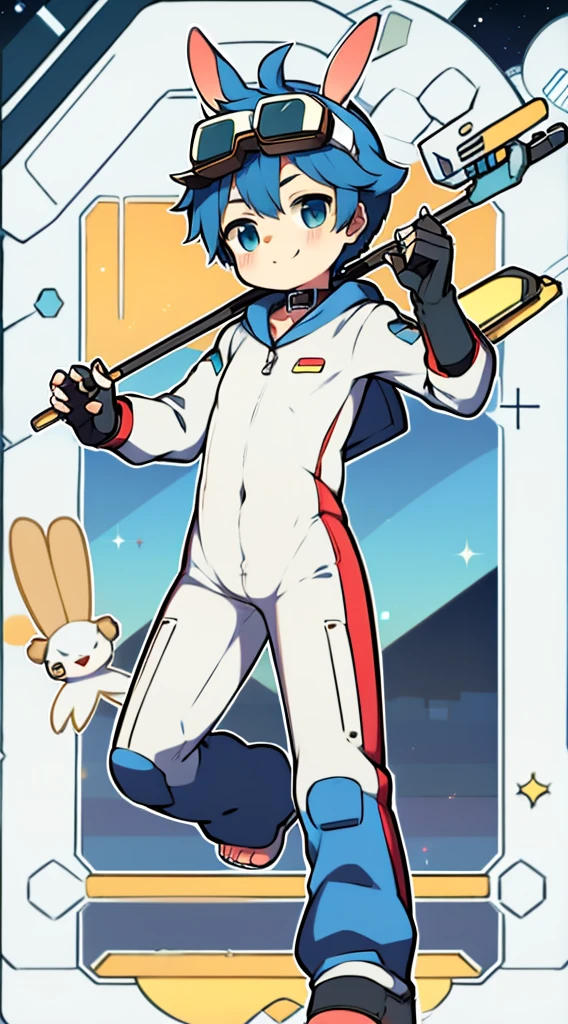 Shota,One-piece ski suit,slender figure,goggles,fingerless gloves,stood up,Rabbit ears,Sailor collar,happy