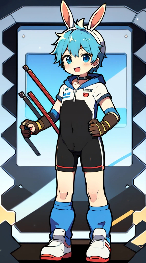 Shota,One-piece ski suit,slender figure,goggles,fingerless gloves,stood up,Rabbit ears,Sailor collar,happy