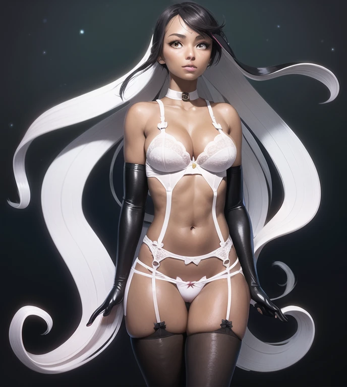 (lace, lace-trim, white elbow gloves, white bow bra, white thighhighs, bare shoulders, thighs, underwear only, bow panties, white choker, g-string, thong:1.4), cleavage, (orange eyes, long white hair, swept bangs, messy hair:1.4), (pink lips, hair flower, pink flower, makeup:1.2), 1girl, thigh gap, ((outdoors, hills, grass, leaves, blue sky, sun, flowers)), (arms by side1.2), (((white garter straps, white garter belt:1.2))), (white skin)