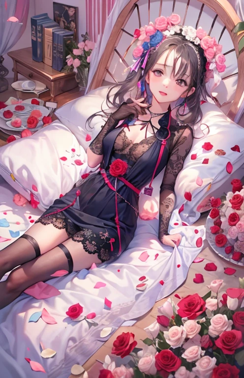 ((highest quality)), ((masterpiece)), (get used to it), perfect face , beautiful girl , In underwear ,  Roses scattered , lie on the bed ,