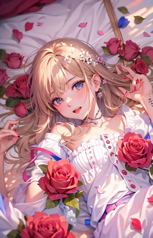 ((highest quality)), ((masterpiece)), (get used to it), perfect face , beautiful girl , In underwear , Roses scattered , lie on the bed ,