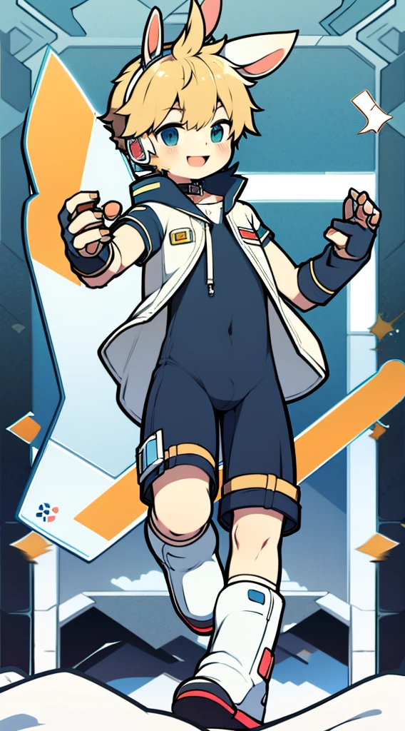 Shota，One-piece ski suit，slender figure，goggles，fingerless gloves，stood up，Rabbit ears，Sailor collar，happy，strap