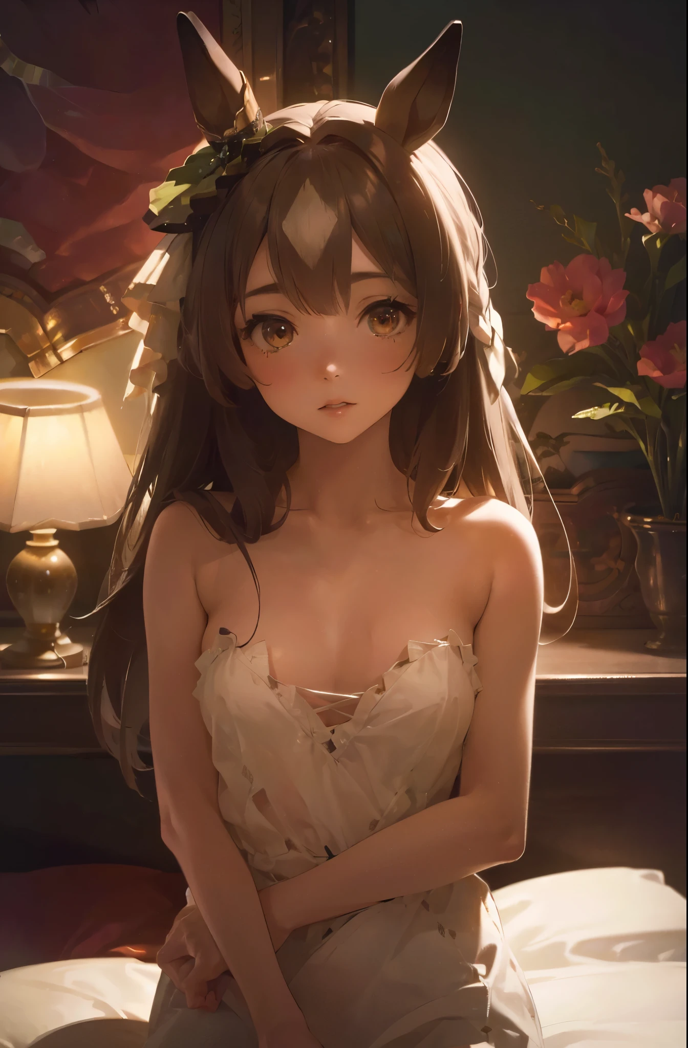 satono diamond,umamusume、I can see the whole body,Not wearing a hat、not wearing clothes,naked tits,((small bust)),nipple,look down,luxury hotel room,((highest quality、4k、8k、high resolution、masterpiece:1.2)、Super detailed、(photorealistic:1.37)、Portrait、sharp focus、feminine、delicate、white skin、subtle curves、gentle expression、soft lighting、Bright colors、artistic atmosphere