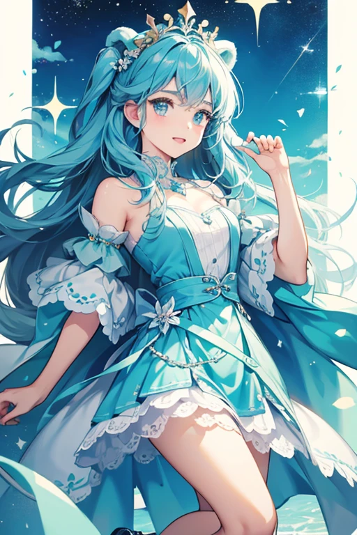 Ursa is a white bear with cyan-colored eyes. She wears a cyan-colored tiara on her head that has a star gem on it. She wears a sky-blue cape at all times. SPARKLE; GLITTER