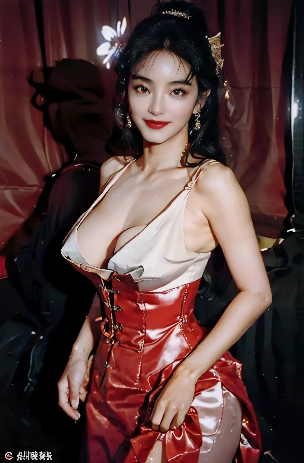 a woman standing indoors,A man hugged me from behind,There is a flower on the head, Maggie Cheung, xue han, yun ling, xintong chen, lulu chen, wu liu, wenfei ye, Lynch Peak, Fan Bingbing, inspired by Pan Yuliang,Popular topics on cgstation, W Lopppuuu glowing skin, Open V-neck corset,Lopp,Bust size and work,huge big breasts,W Lopppuuu glowing skin, japanese goddess, Skin is moist and shiny!!, Overlays and SFW, Realistic perfect figure, Realistic gravure idols, Surreal picture, Oppei Cyberpunk, Beautiful and detailed body and face