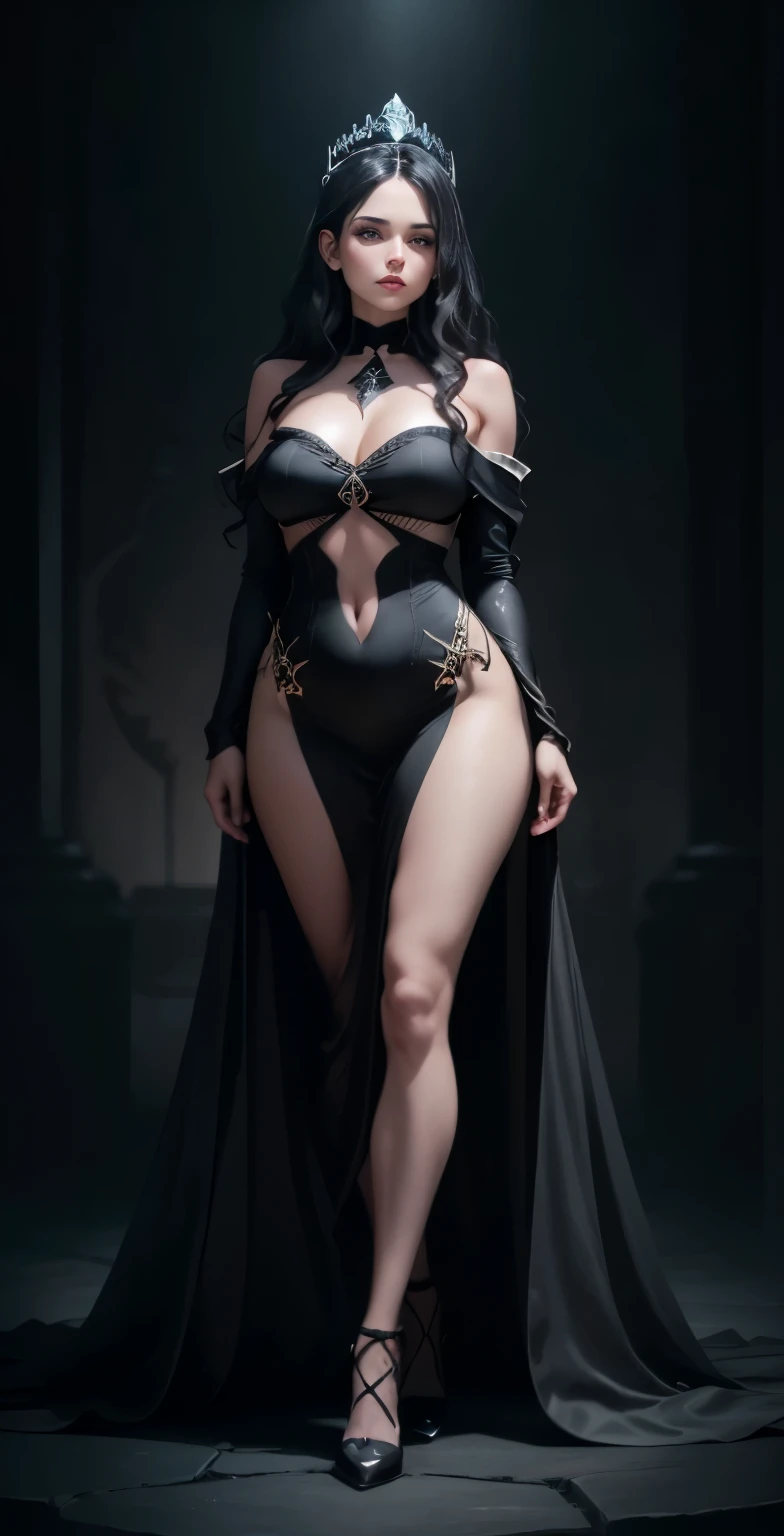 a grey skinned woman in a black dress and a crown posing for a picture, shiny skin, wavy dark hair, cinematic goddess body shot, fantasy pale black outfit, revealing bikini outfit, in a dark stone place