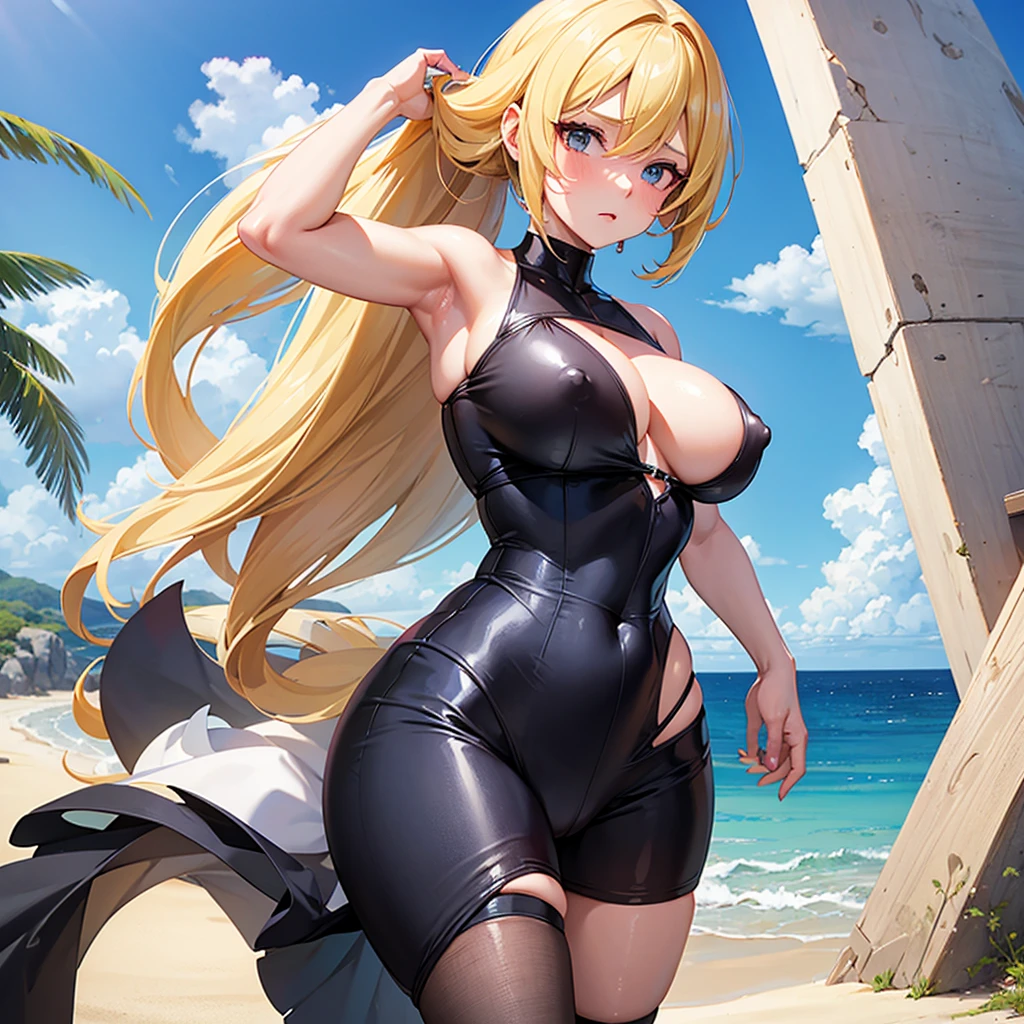 score_9, score_8_up, score_7_up, score_6_up, source anime, BREAK 1girl, (cynthia \(pokemon\):1.0), (micro bikini:1.1), beach, large breasts, curvy, mature female, blonde hair, embarrassed, areola slip, musk, armpits, detailed background, nipple outline, covered nipples
