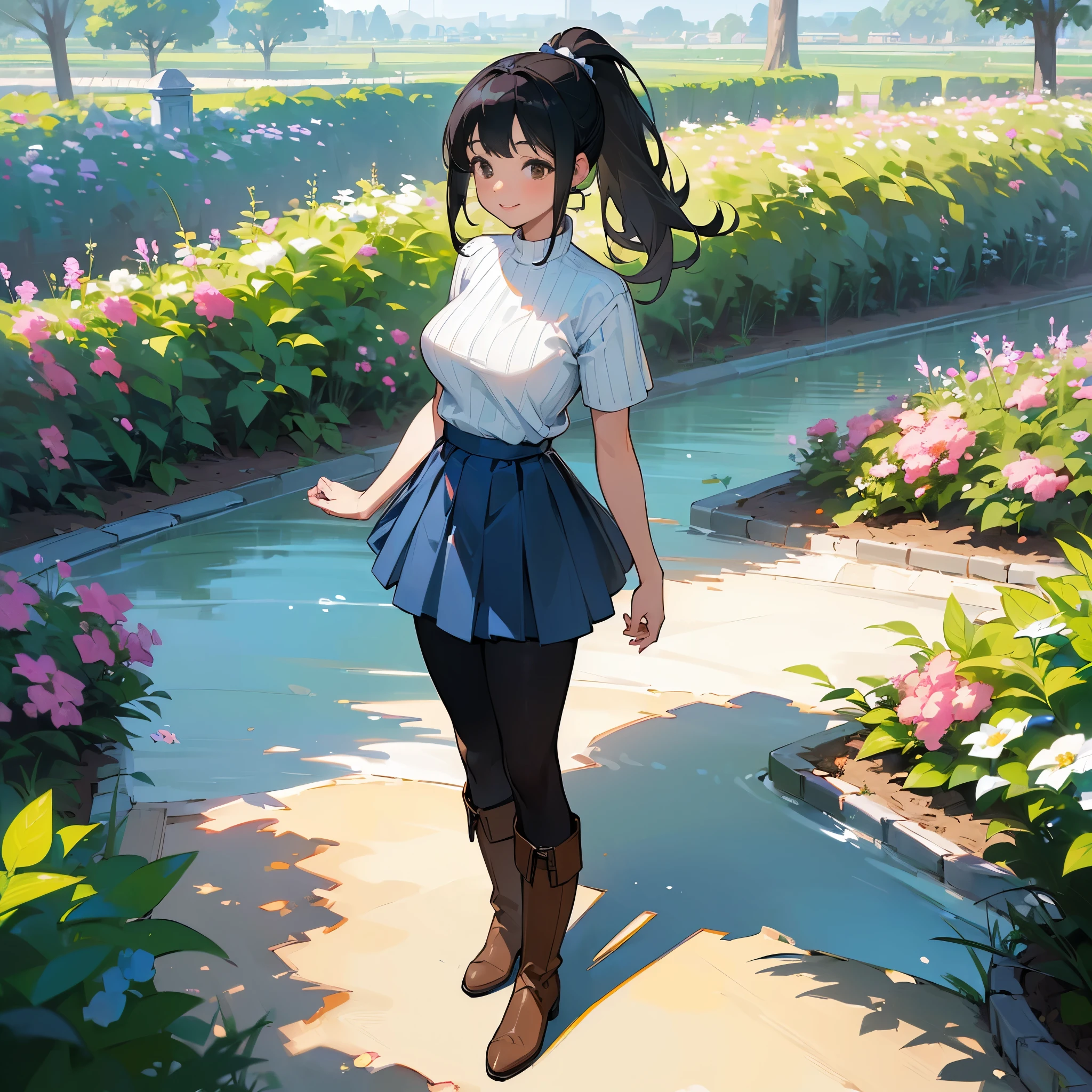 (high quality, High resolution, Super detailed, reality:1.37), peaceful atmosphere, (outdoor, garden), girl standing alone, (my breasts are big.), Beautiful detail features, cute smile, (black hair ponytail), Short sleeve ribbed sweater, blue skirt, black tights, brown boots.