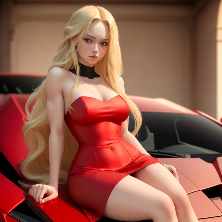 (masterpiece, top quality, best quality,4k,8k,HD,ultra HD), 1girl and long blonde hair,upper body, sit on lambo, red dress