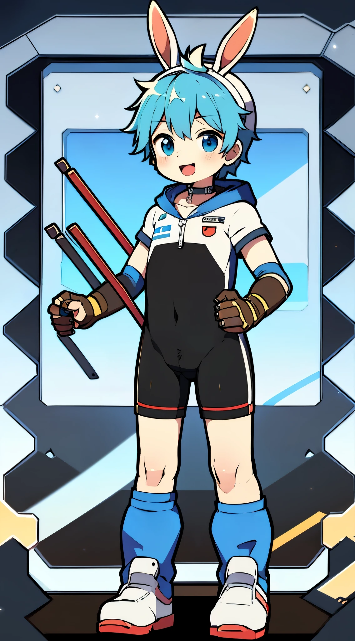 Shota,One-piece ski suit,slender figure,goggles,fingerless gloves,stood up,Rabbit ears,Sailor collar,happy