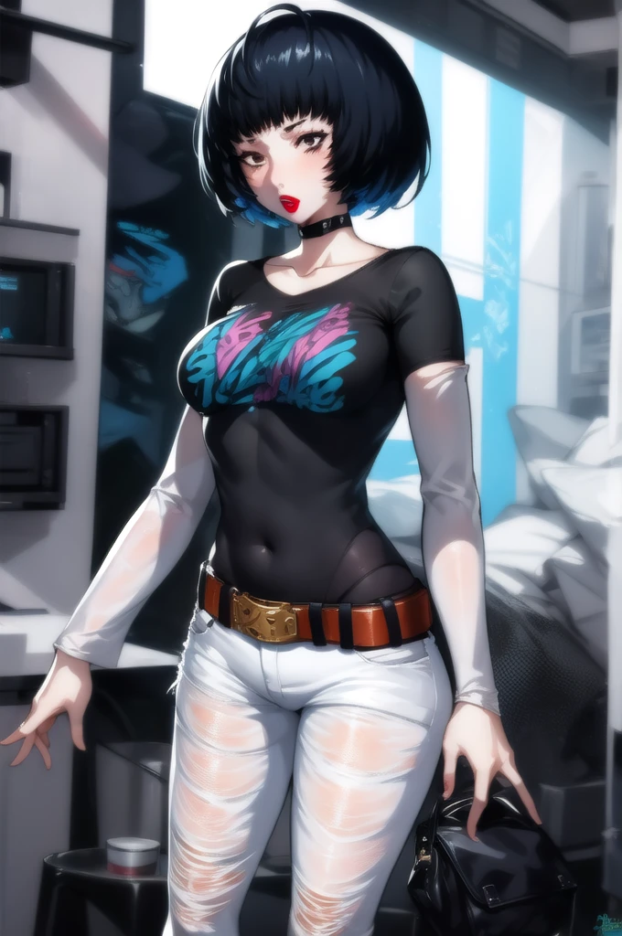 Tae Takemi, short hair, 1girl, solo, standing, black t-shirt, white shirt, blue jeans, belt, lipstick, large breasts, layered sleeves