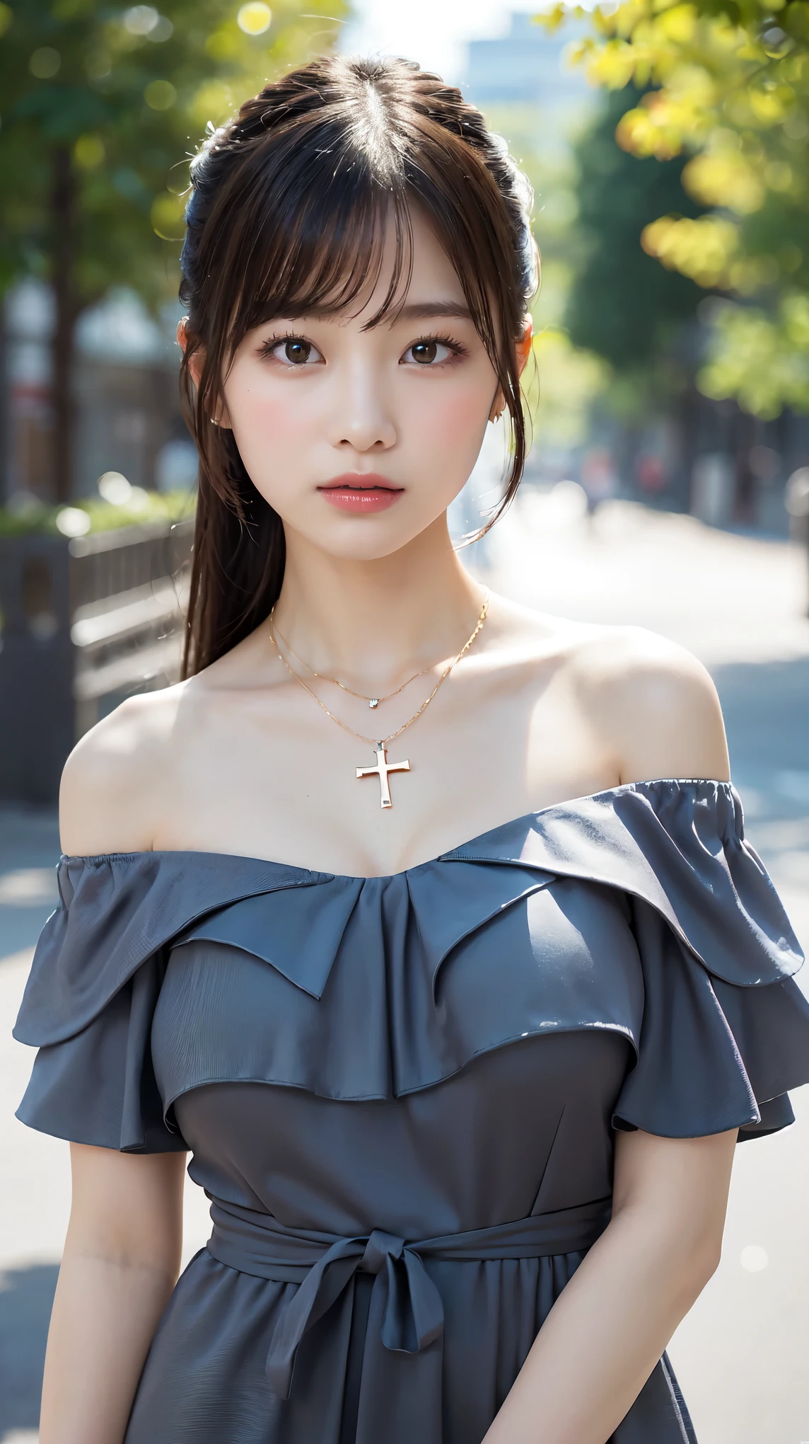  body、Full body Esbian、look forward、Very small waist、(very big breasts:1.3)、ponytail、plump thighs、natural skin、Extra-fine face、 extra thin hands, Very thin fingers, Best ratio、surreal, ((cute dress、Exposing too much skin、off shoulder、The length is short and the thighs are visible))、cheeks turn red、body covered in 、Cross Necklace、((18 year old female:1.ung adorable japanese face, official art，Highly detailed CG Unity 8K wallpaper，（masterpiece:1.0),(highest quality:1.0), 超A high resolution,4k,Super detailed, photo shoot, 8K, nffsw, High resolution, kodak portrait 400, film grain, lens flare glow,高いest quality,8K,nffsw:1.2),portrait shot,8K、View viewer