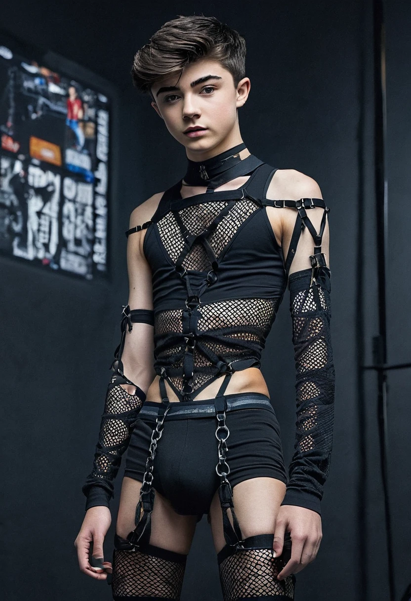 Highres, Masterpiece, Best quality at best,Best Quality,hight quality, hight detailed, 1boy, Asher Angel, 20-Year-Old-Boy, BDSM, ((revealing shirtless Bondage Outfit)), Masterpiece Very Detailed Wallpaper, ((skin uncovered: 1.8)), skiny body, masculine body. Jumbotron screen background. 