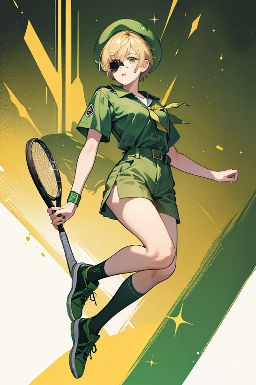 She has short, blonde hair styled into a bowl-cut. Over her missing left eye is a dark brown eye-patch.

Her Poppy Rangers outfit consists of a light moss-green short-sleeve shirt, overlaid with a yellow bandana around the collar with a single olive stripe across the middle. As well, this includes green-toned khaki shorts, tennis shoes of the same color, and tube socks underneath. Over-top the entire outfit is a dark green sash. SPARKLE; GLITTER