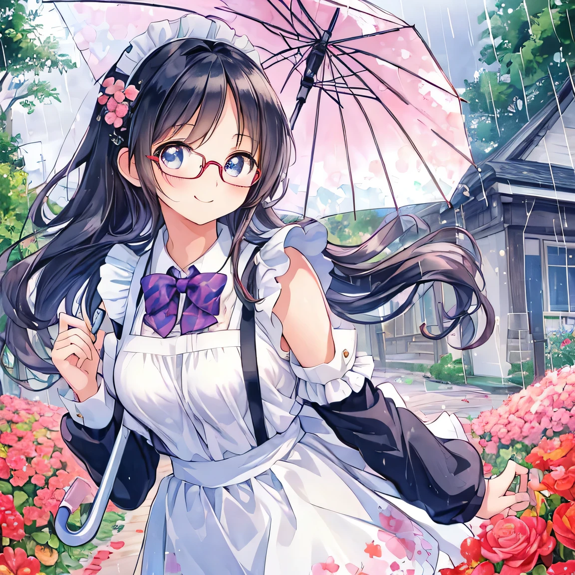((masterpiece)), ((best quality)), (ultra-detailed), ((kawaii)), cute, (lovely), watercolor, upper body, in the middle, walking on her way to school, school, a cute girl, 1girl, solo, maid, beautiful black hair, (beautiful eyes), glasses, long hair, medium breast, smile, light smile, rainy, rain, Holding an opened umbrella.