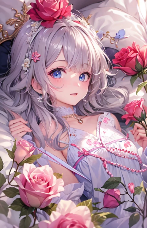 ((highest quality)), ((masterpiece)), (get used to it), perfect face , beautiful girl , In underwear , Roses scattered , lie on the bed ,