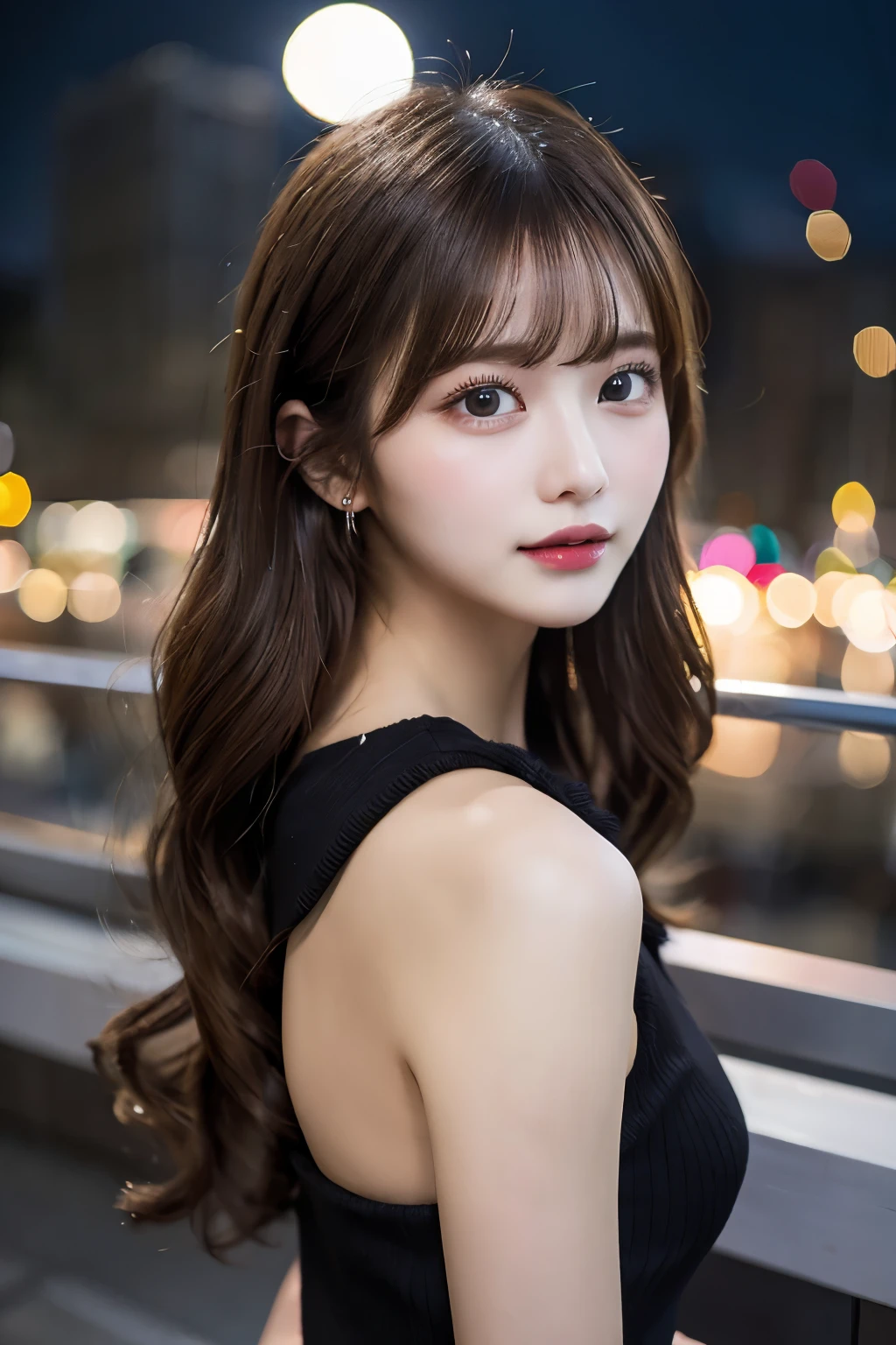 (masterpiece、high resolution、high quality、ultra high resolution、Delicate、8k)1 female、cowboy shot、brown hair、long hair、curly hair、clear eyes、dense lips、shiny skin、slim、slender、black knit dress、beautiful breasts、roof of the building、night、full moon、night景、Light