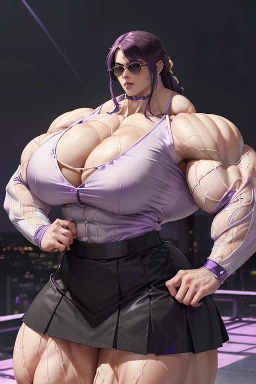 (((((Massive beautiful, buff, pale white skinned muscular woman with violet purple hair, ginormous bulky muscles and wearing a violet purple unbuttoned long sleeve blouse and a black skirt))))), close view, ((sunglasses)), vascular, massive muscle, massive biceps, hyper muscle shoulders, vascular shoulders, hyper muscle triceps, (long hair with long bang), black eyes, (high heels), smirk, in a night city at evening, Vascular arms, hyper vascular arm, hyper muscles arms, hyper muscle legs, ((ginormous buff arms))